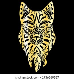 A wolf's head in an ethnic style. Gold on black, vector illustration. For jewelry design