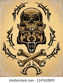 The wolf`s head and human skull