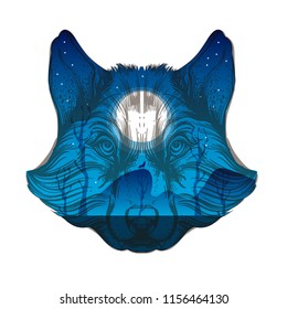 Wolf's head with a night forest landscape. Vector illustration for print on t-shirts, tattoos and much more.