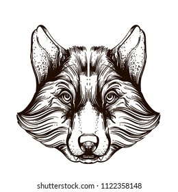 Wolf's head. Outline vector illustration isolated on white background for tattoos, posters, printing on T-shirts and other items.