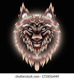 the wolf's head is predominantly brown. with a radial black gradation background