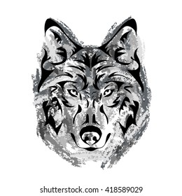 wolf's muzzle on white background in grunge style