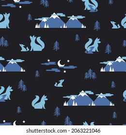 Wolfs In Night Pine Forest Mountain Vector Graphic Art Seamless Pattern Can Be Use For Background And Apparel Design