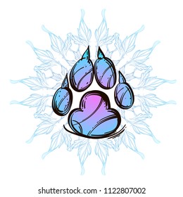 Wolf's paw print with decorative floral ornament. Vector illustration isolated on white background for tattoos, posters, printing on T-shirts and other items.