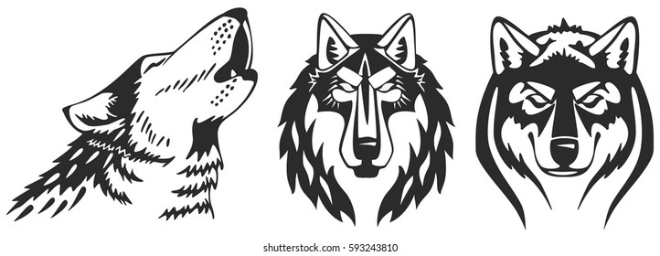 Wolfs vector heads set. Perfect for emblem, logo or tatoo.