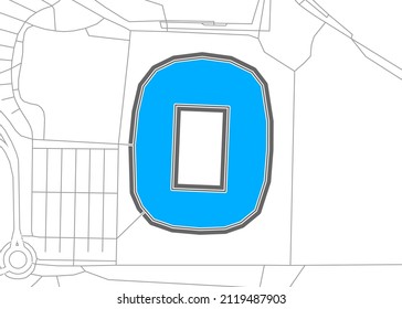 Wolfsburg, Fußballstadion, Umriss-Vektorkarte. Die bundesliga-Statiumkarte wurde mit weißen Flächen und Linien für Hauptstraßen, Nebenstrassen gezeichnet.