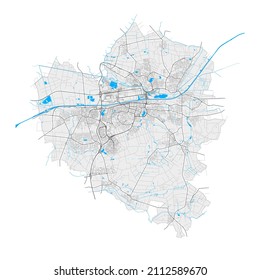 Wolfsburg, Niedersachsen, Deutschland, hochauflösende Vektorkarte mit Stadtgrenzen und bearbeitbaren Wegen. Weiße Umrisse für Hauptverkehrsstraßen. Viele detaillierte Wege. Blaue Formen und Linien für das Wasser.