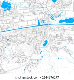 Wolfsburg, Niedersachsen, Deutschland, hochauflösende Vektorkarte mit bearbeitbaren Wegen. Helle Umrisse für Hauptverkehrsstraßen. Verwenden Sie es für jeden gedruckten und digitalen Hintergrund. Blaue Formen und Linien für das Wasser.