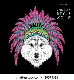 Wolft in the Indian roach. Feather headdress of eagle. Hand draw vector illustration