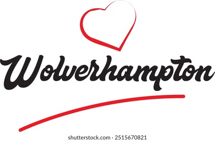 Projeto de texto da cidade de Wolverhampton com design de ícone tipográfico de coração vermelho adequado para promoção turística