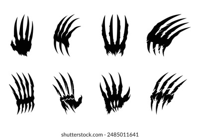 Paquete de silueta de Vector de garra animal de Wolverine, conjunto de Clipart negro de Wolverine Claws