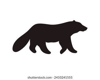 Wolverine black silhouette of animal standing in profile, flat vector illustration isolated on white background. Wolverine animal native to taiga or tundra and arctic.