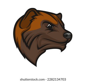 Wolverine Kopf Einzeln Vektormaskott oder Symbol. Kartoon Wildtier mit breitem und abgerundetem Kopf, kleinen Augen und kurzen Ohren. Fleischfresser mit dickem, dunklem Fell und wütender Ausprägung