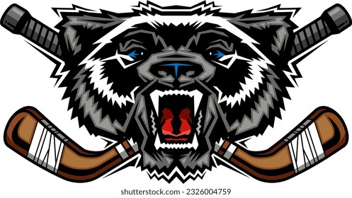 wolverine mascot head with crossed hockey sticks for school, college or league sports