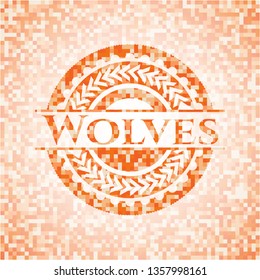 Wolves abstract emblem, orange mosaic background