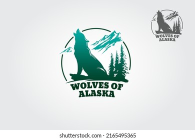 Wolves of Alaska Vector Logo Illustration. Silhouette logo vector howling wolf and pines tree.