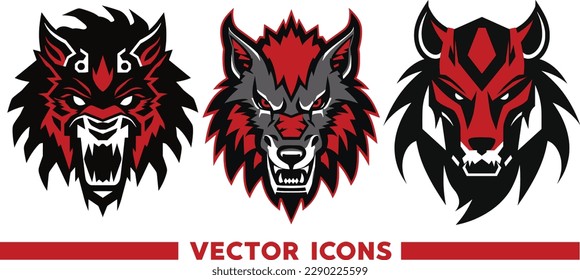 Wolves angry, different warrior heads,  wolf vector icon of 3 types, green color. Isolated vector sign symbol