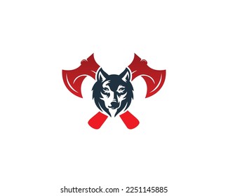 icono del logotipo creativo de lobos y hachas. Los hachas cruzados y los lobos son la única ilustración vectorial.