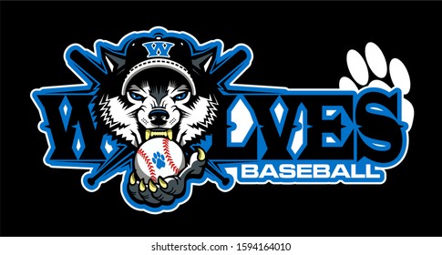 wolves baseball team design with mascot head and crossed bats for school, college or league