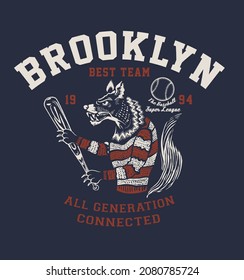 wolves baseball team design with mascot and crossed bats for school, college or league