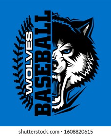 wolves baseball team design with stitches and half mascot for school, college or league