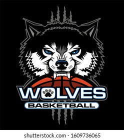 wolves basketball team design with ball and half mascot for school, college or league