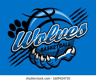 wolves basketball team design with claw holding ball for school, college or league