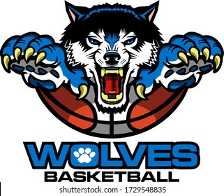 wolves basketball team design with half ball and mascot for school, college or league