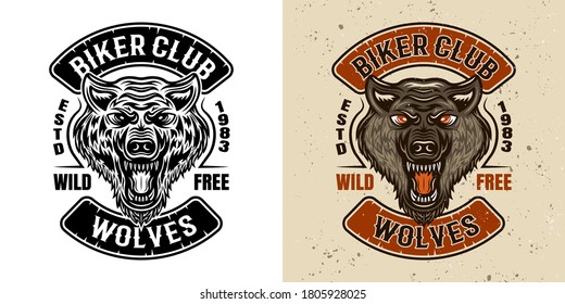 Wolves Biker Club Vector Emblem, Badge Or Patch In Two Styles Black And White And Colored