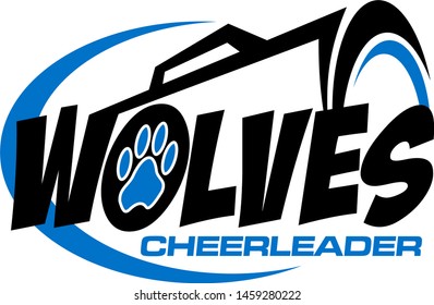 wolves cheerleader team design with megaphone and paw print for school, college or league