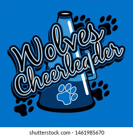 wolves cheerleader team design with megaphone and paw prints for school, college or league