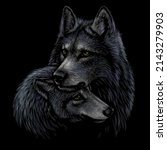 Wolves. Color, graphic portrait of a pair of wolves on a black background. Digital vector graphics.