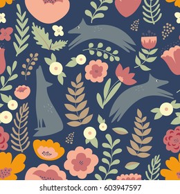 Wolves and colorful stylized flowers. Seamless vector pattern for design of textile, greeting card, packing paper or web design