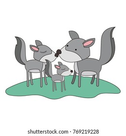 wolves couple and cub over grass in colorful silhouette on white background