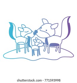 wolves couple and cub over grass in degraded blue to purple color contour
