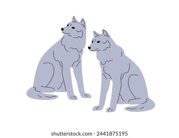 La pareja de lobos. Pareja de animales salvajes del bosque. Dos depredadores de canis lupus. Carnívoro gris, bestias. Mamífero carnívoro europeo, fauna del norte. Ilustración vectorial plana aislada sobre fondo blanco