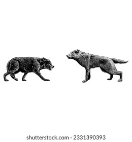 los lobos luchan contra el vector de dibujo de la mano aislado en el fondo blanco.