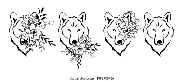 Wolves floral vector illustration set, flower animal svg
