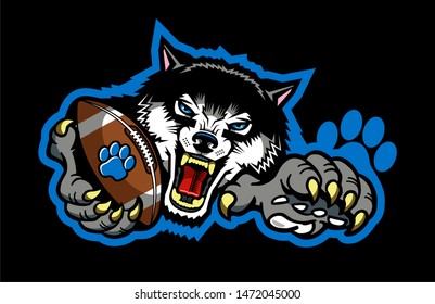 wolves football mascot holding ball in paw for school, college or league