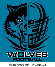 wolves football team design with half mascot and facemask for school, college or league