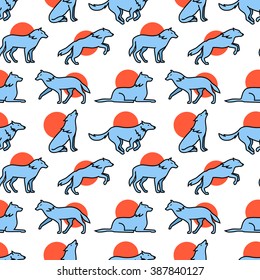 Wolves hauling at the full moon, jumping and running icons square seamless pattern. For store sales decoration. Thin line art flat objects texture illustration.