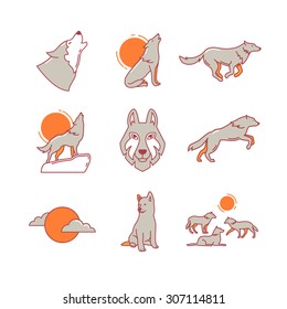 Wolves Hauling At The Full Moon On The Rock, Jumping And Running, Wolf Cub, Head And Pack. Thin Line Icons Set. Modern Flat Style Symbols Isolated On White For Infographics Or Web Use.