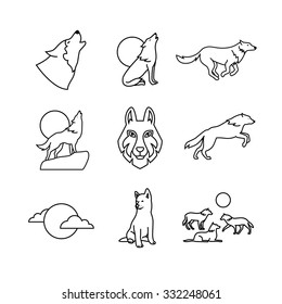 Wolves hauling at the full moon on the rock, jumping and running, wolf cub, head and pack. Thin line art icons set. Modern black symbols isolated on white for infographics or web use.