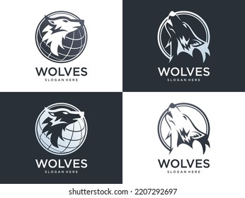 wolves head with globe illustration logo design	
