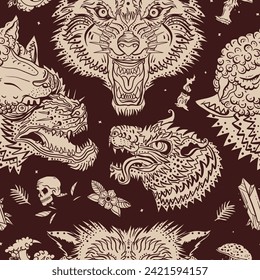 Los lobos tienen un patrón impecable. Werewolf vestido de oveja. Fondo gótico oscuro. Estilo de cuento de hadas medieval mágico
