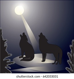 Wolves howl at the moon night forest landscape art abstract creative modern illustration vector