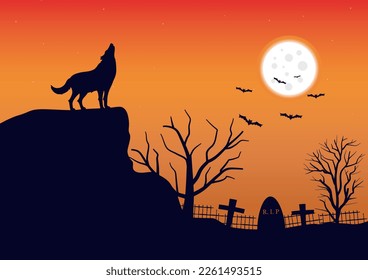 wolves howling in the graveyard at night, vector illustration.