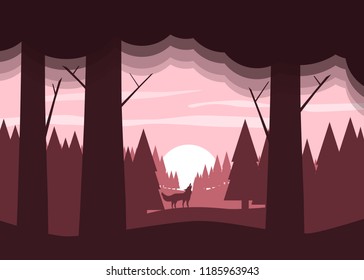 Wolves hunt in the woods. Vector illustration