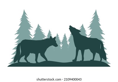 wolves in landscape silhouettes scene