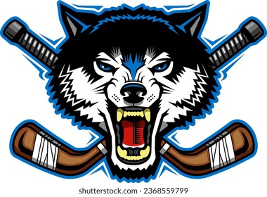 wolves mascot head with crossed hockey sticks for school, college or league sports
